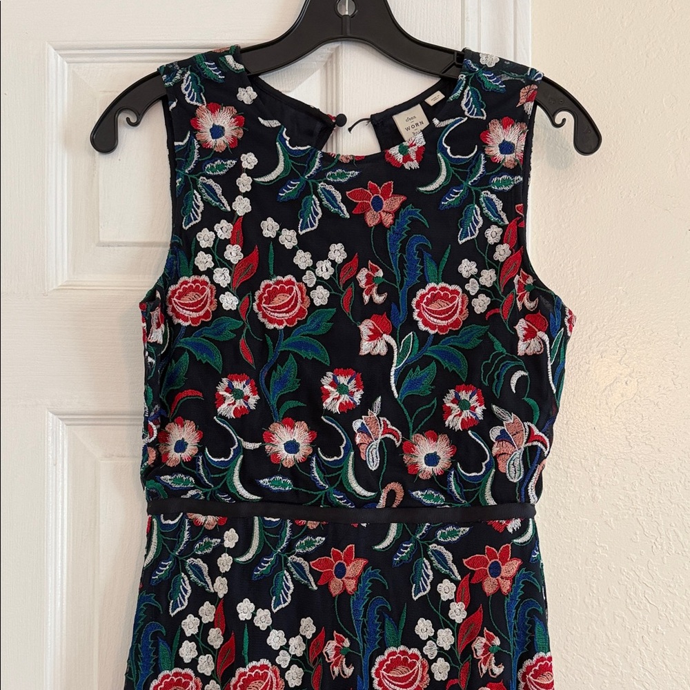 Anthropologie Embroidered Floral Sleeveless Dress - Navy with Red & Green